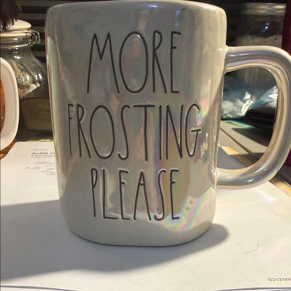Rae Dunn Iridescent Mug with 'More Frosting Please' Design